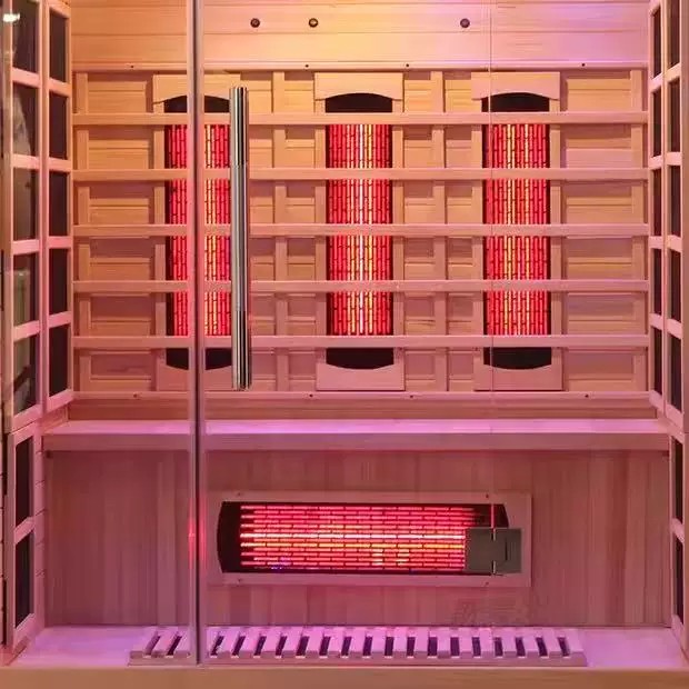 Infrared sauna at dusk with chromotherapy lighting
